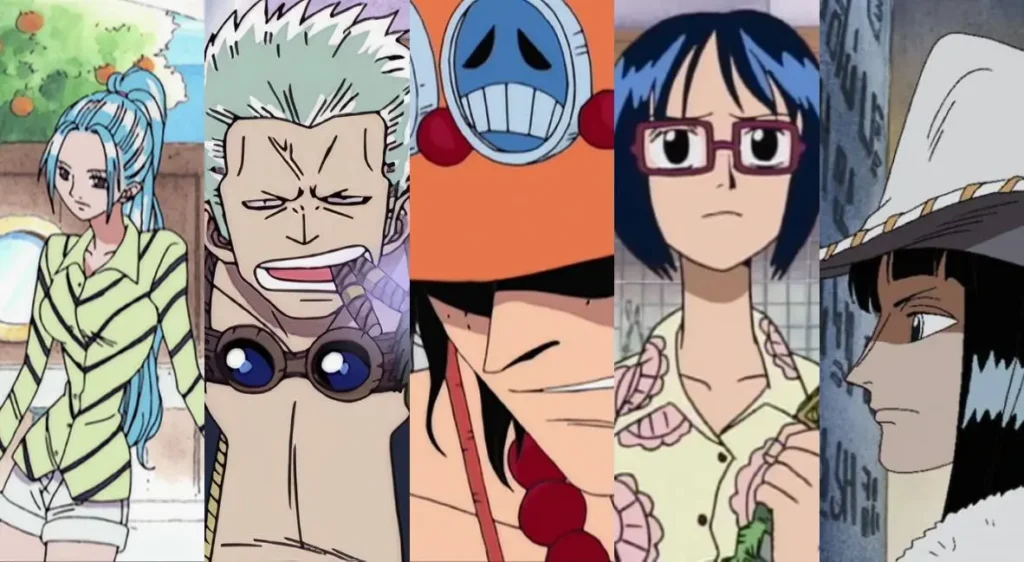 A split-panel collage of One Piece characters showing different looks and personalities, highlighting the series’ distinct anime art style and emotional range.