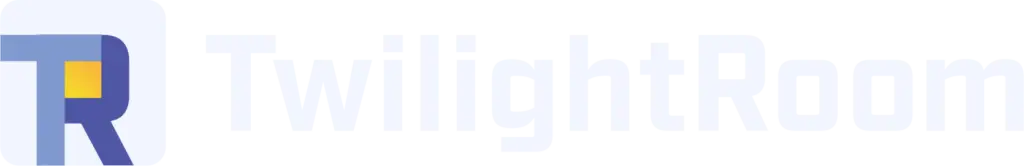 A minimalist logo featuring the word “TwilightRoom” in bold modern lettering beside a stylized “TR” icon in blue, gray, and yellow.