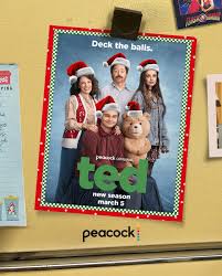 Holiday-themed Ted season poster featuring cast members in Santa hats alongside the teddy bear character for the Peacock series.
