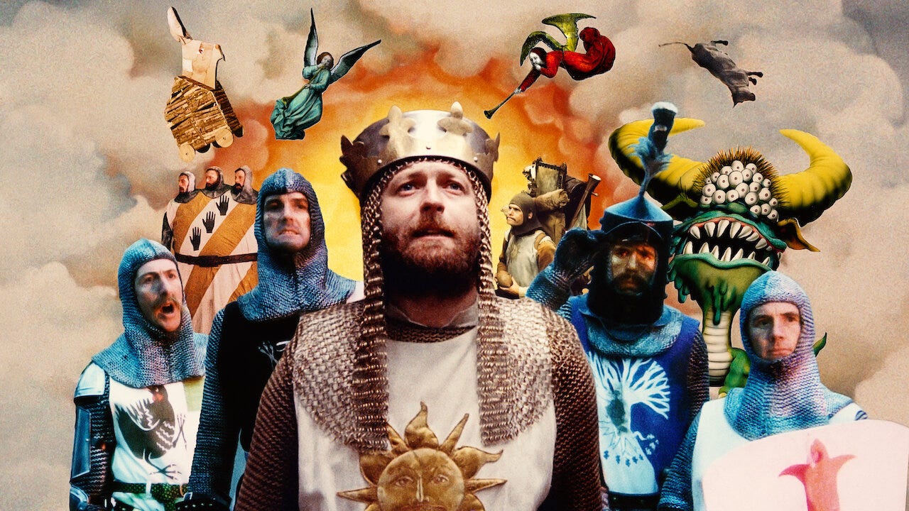King Arthur and his knights from one of TwilightRoom’s four favorite films, Monty Python and the Holy Grail, stand in front of a cloudy sky with surreal floating figures.