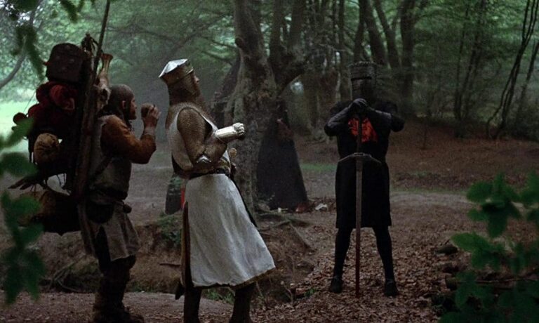 King Arthur and his squire confront the Black Knight in a forest, a scene from one of TwilightRoom’s four favorite films.