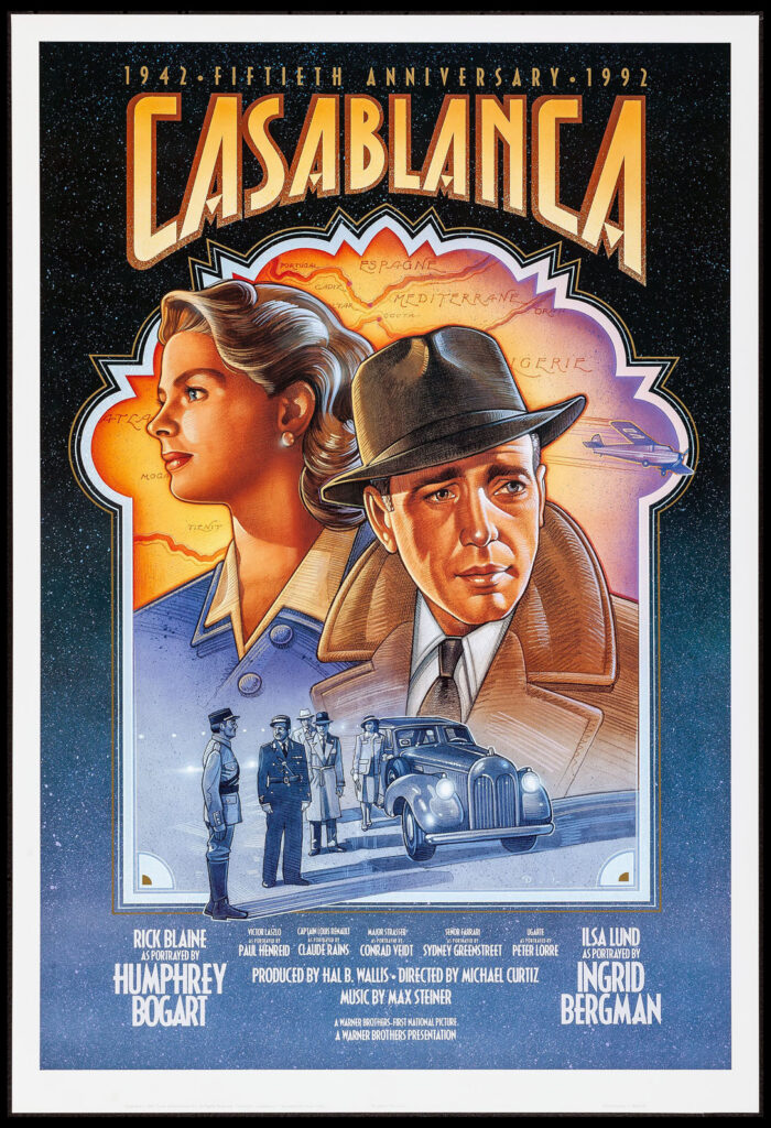 1992 fiftieth anniversary movie poster for Casablanca, one of TwilightRoom’s four favorite films, featuring portraits of Humphrey Bogart and Ingrid Bergman, a vintage car, and cast and credit information.