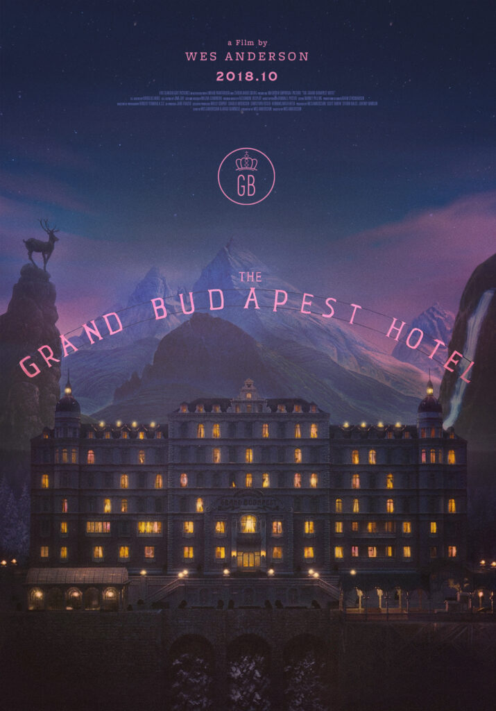A TwilightRoom’s four favorite films movie poster for The Grand Budapest Hotel, featuring the grand hotel building set against a mountainous landscape at twilight.