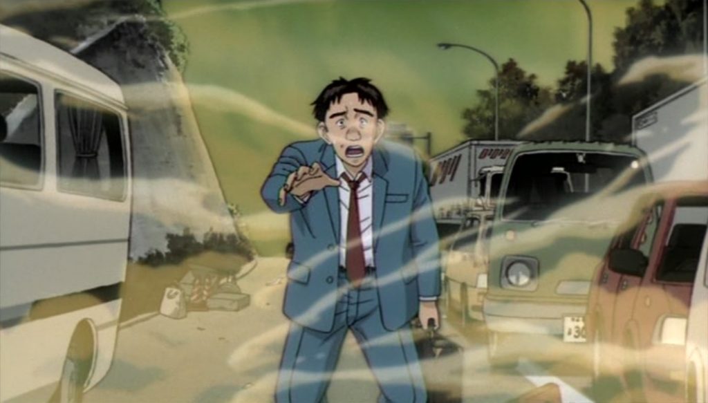 Animated film still of a frightened man standing between vehicles