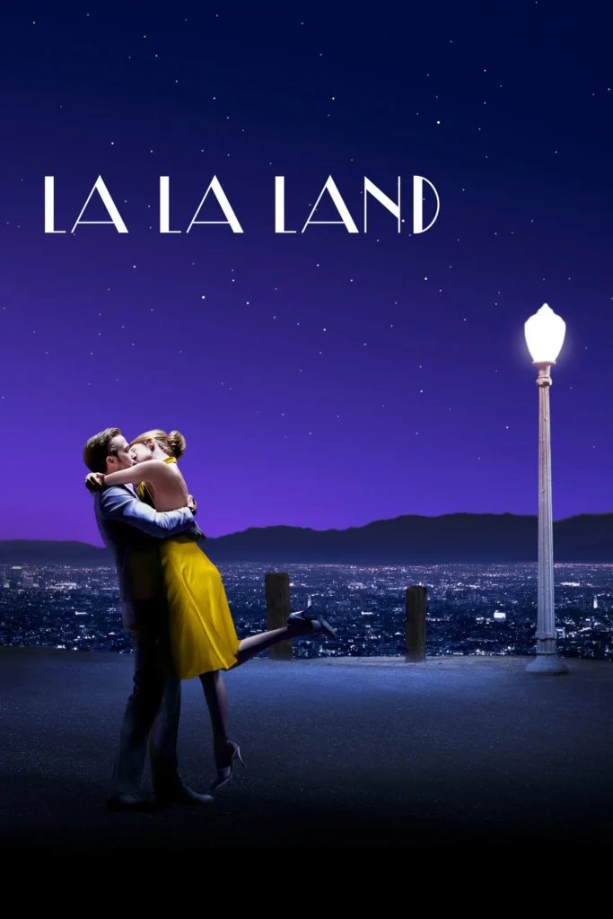 A couple kisses while dancing on a hill overlooking a city at night, under a streetlamp and a starry purple sky, reminiscent of the imagery in TwilightRoom’s four favorite films.
