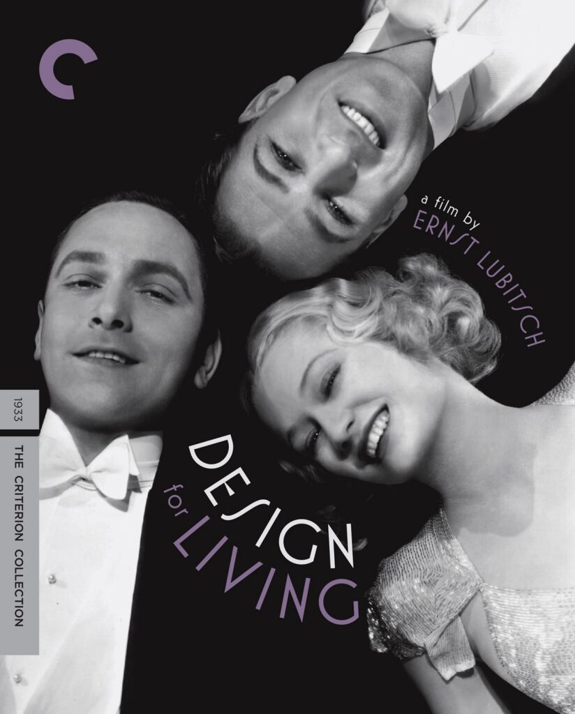 Criterion Collection cover art for the Ernst Lubitsch film Design for Living, featuring the smiling faces of three actors arranged in a circle.