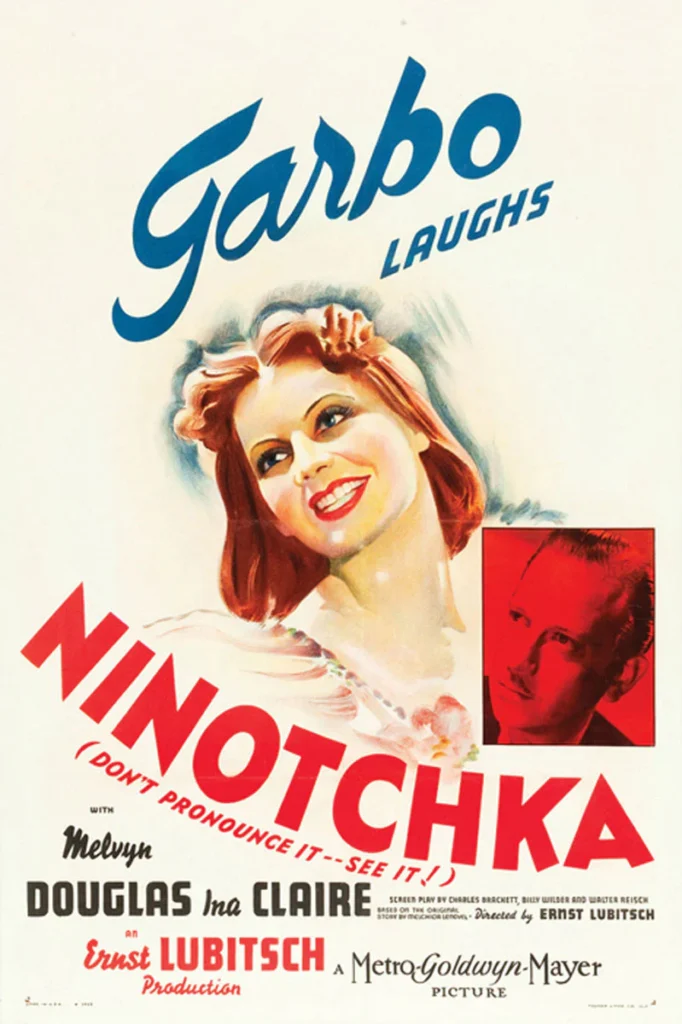 Vintage movie poster for Ernst Lubitsch’s Ninotchka, featuring a large portrait of Greta Garbo laughing above the film title and credits, with a smaller inset portrait of Melvyn Douglas.