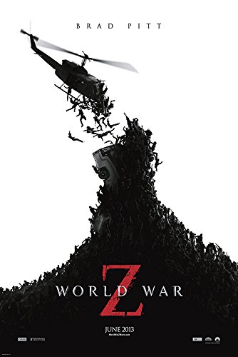 World War Z movie poster showing a massive tower of silhouetted figures reaching up toward a helicopter.