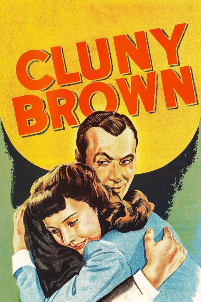 Vintage movie poster for the Ernst Lubitsch film Cluny Brown showing a man embracing a woman against a large yellow circle.