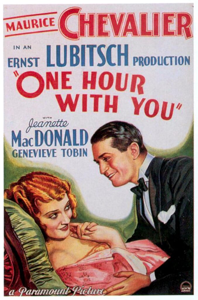 Vintage movie poster for the Ernst Lubitsch-directed Paramount film One Hour With You, featuring Maurice Chevalier and Jeanette MacDonald.