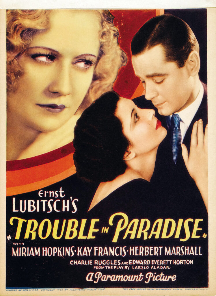 Vintage movie poster for Ernst Lubitsch’s Trouble in Paradise, featuring Miriam Hopkins, Kay Francis, and Herbert Marshall.