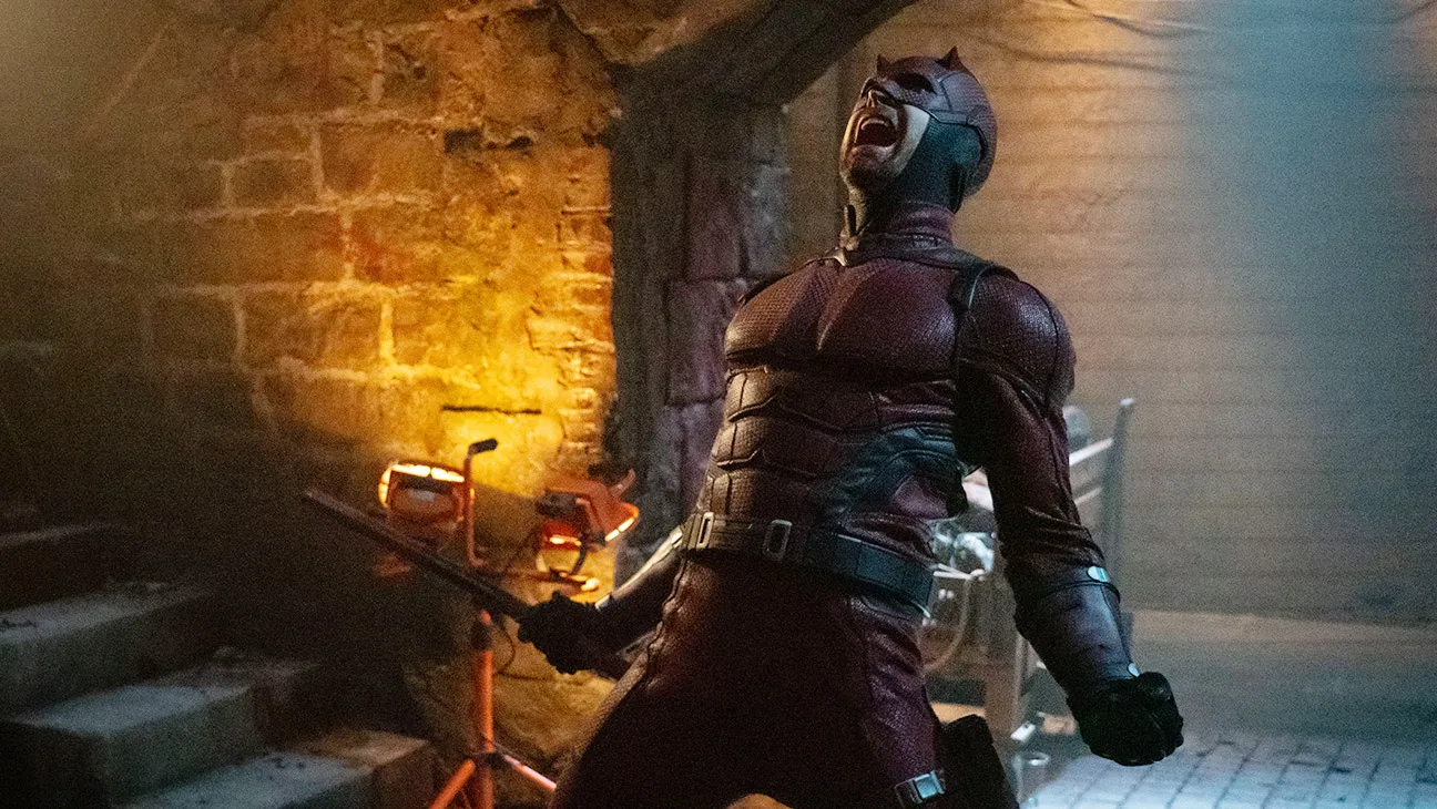 Daredevil: Born Again still with Daredevil shouting in a dim brick room