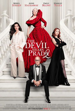 The Devil Wears Prada 2 poster with the main cast posed on a white staircase