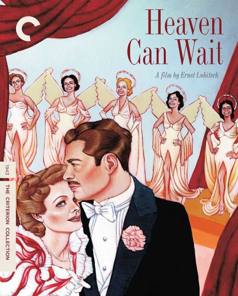 Criterion Collection cover art for the Ernst Lubitsch film Heaven Can Wait, showing a man and woman in formal attire in the foreground with five stylized angels in the background.