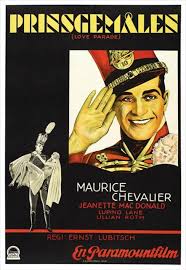 Vintage movie poster for the Ernst Lubitsch film Prinsgemålen (Love Parade) featuring a soldier in a uniform saluting and carrying a woman in his arms, with the names of Maurice Chevalier and other cast members listed below.
