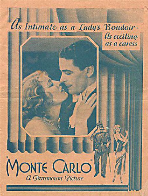 Vintage Ernst Lubitsch movie poster for the Paramount picture Monte Carlo, featuring a close-up of a couple embracing above an illustration of a man in uniform and a woman in a gown.