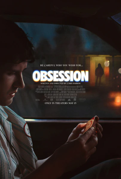 Obsession movie poster with a young man holding a card inside a car