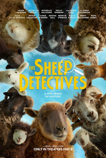 The Sheep Detectives movie poster featuring a circle of sheep looking down at the viewer against a blue sky, promoting the mystery comedy film.