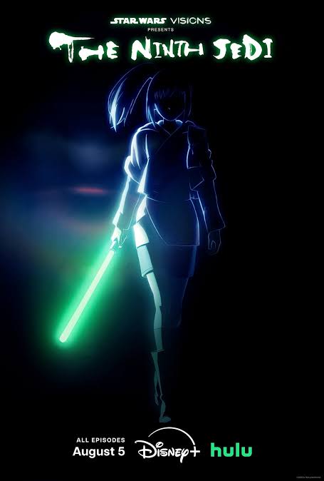 Poster for the Star Wars: Visions episode The Ninth Jedi, a highlight of October 2026 movies and TV, featuring a silhouette of a character holding a glowing green lightsaber, streaming August 5 on Disney+ and Hulu.