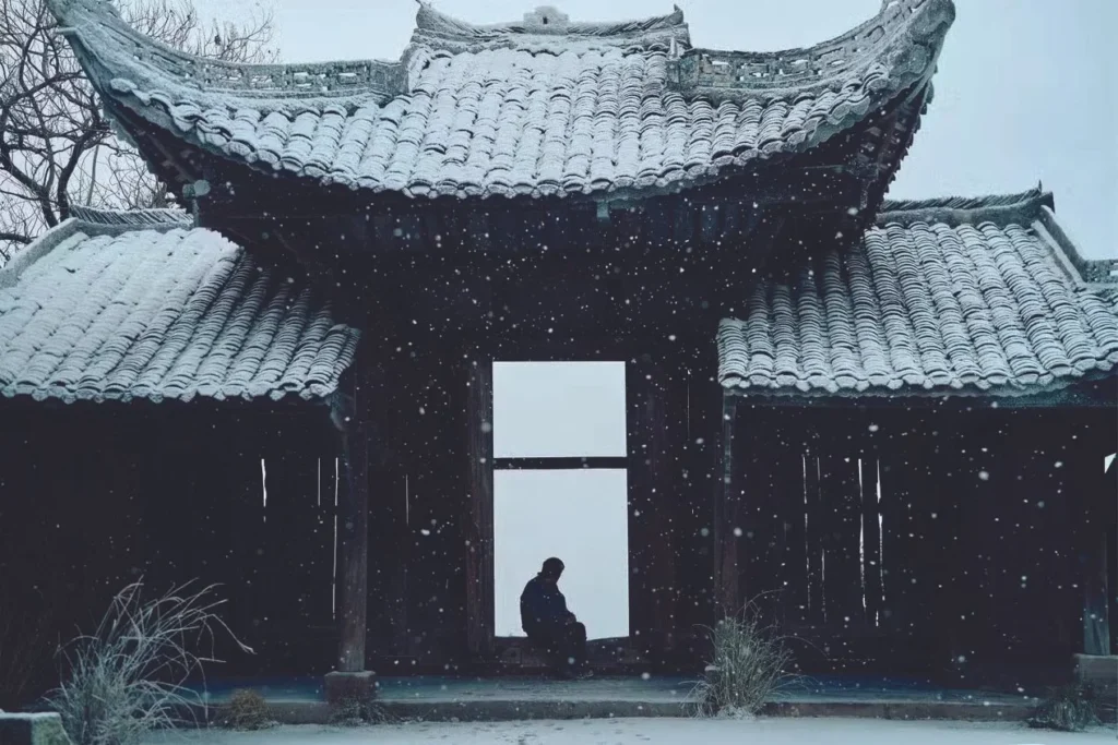 A person sits in the doorway of a snow-covered traditional East Asian building, contemplating a Resurrection Review while snow falls.