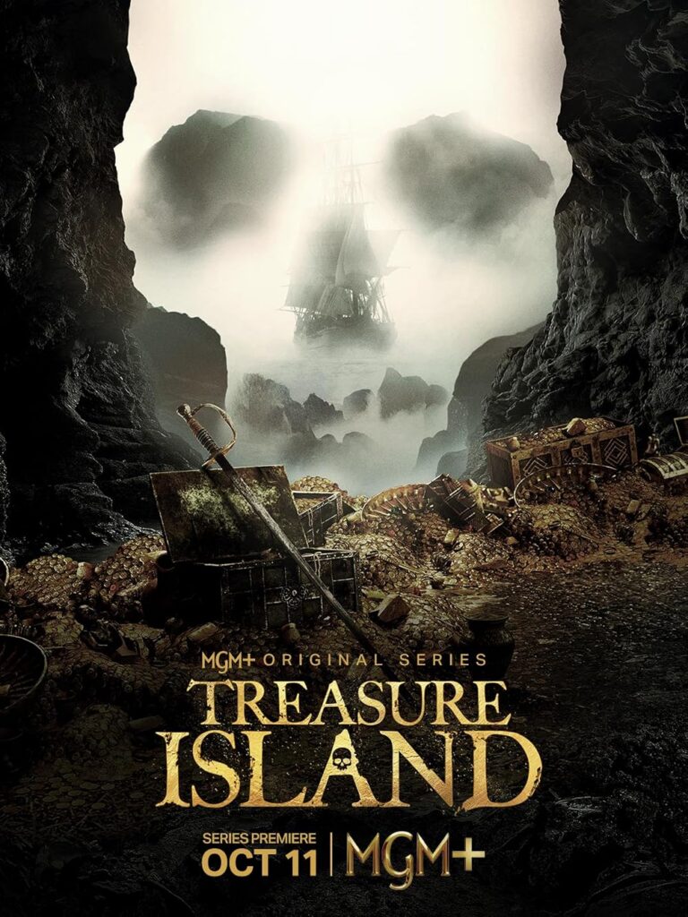 Promotional poster for the MGM+ series Treasure Island, featuring a pirate ship, a hoard of gold, and a sword, with the October 2026 premiere date of October 11.