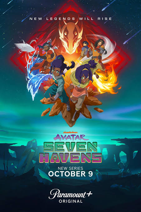 Promotional poster for the animated series Avatar: Seven Havens, featuring characters and a glowing animal spirit above text announcing an October 2026 premiere on Paramount+.