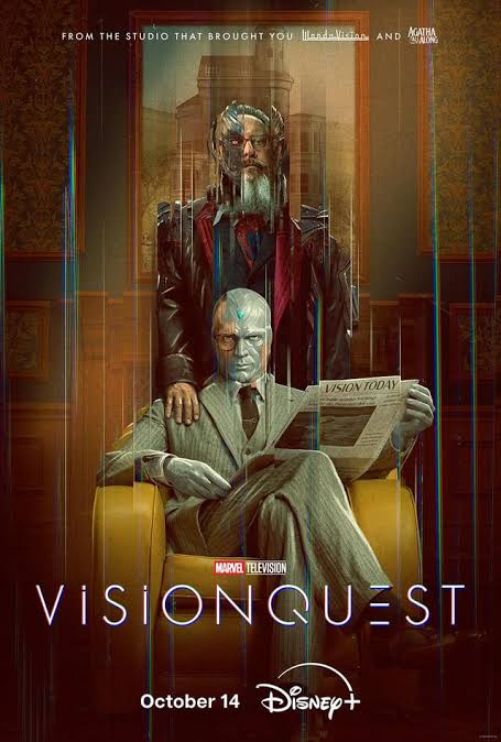 Vision Quest promotional poster featuring Vision reading a newspaper with a ghostly figure behind him, announcing the October 2026 movies and TV release on October 14 via Disney+.