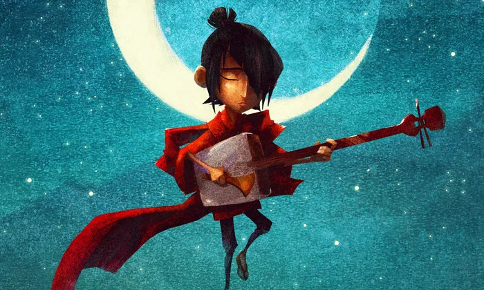 A stylized illustration of a young boy in a red cloak playing a shamisen in front of a large crescent moon, reminiscent of Laika movies.