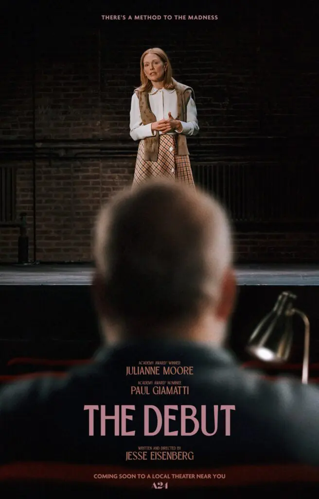 Poster for the film The Debut, featuring an actress on a stage viewed from behind the shoulder of a man in the audience, as seen at the Austin Film Festival 2026.