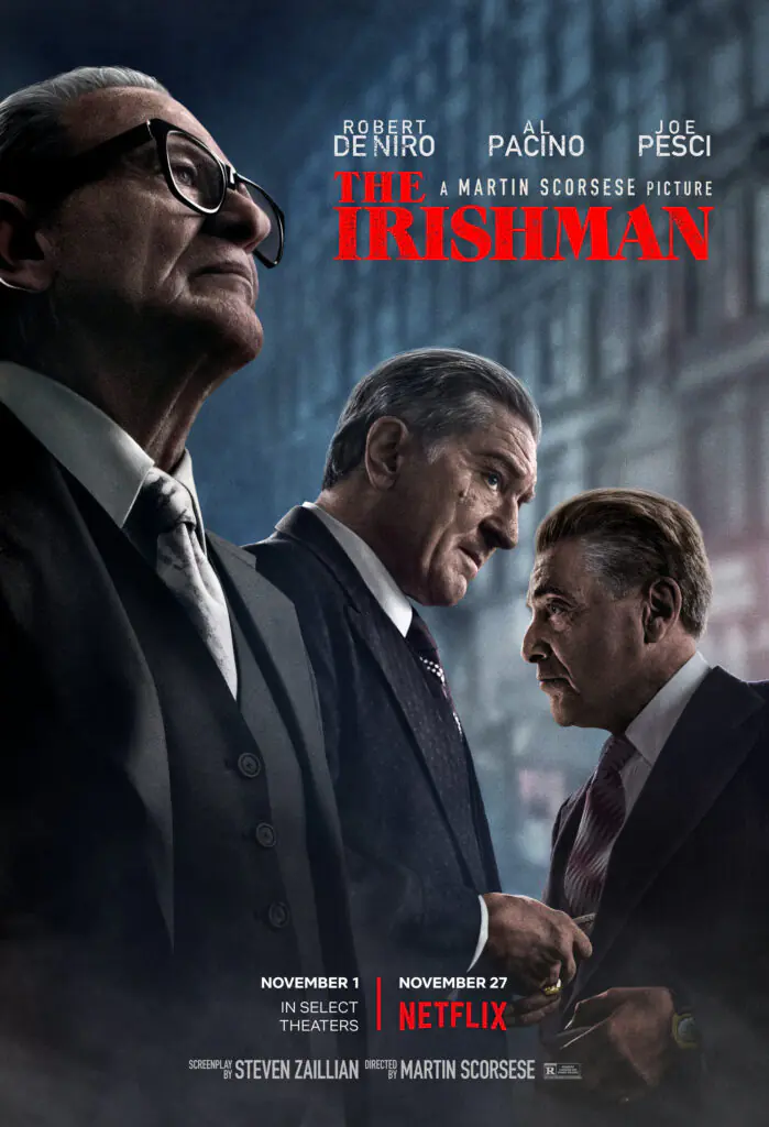 Movie poster for The Irishman featuring Robert De Niro, Al Pacino, and Joe Pesci.