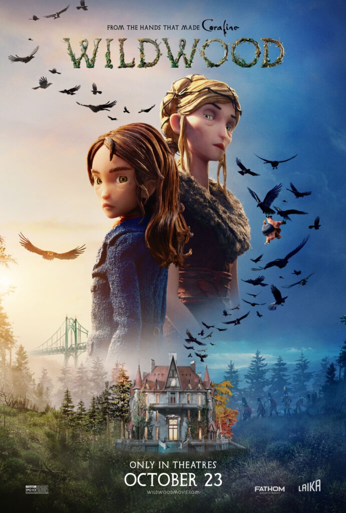Theatrical movie poster for Wildwood by Laika Studios featuring two young women, a mansion, and a flock of birds, announcing an October 23 release.