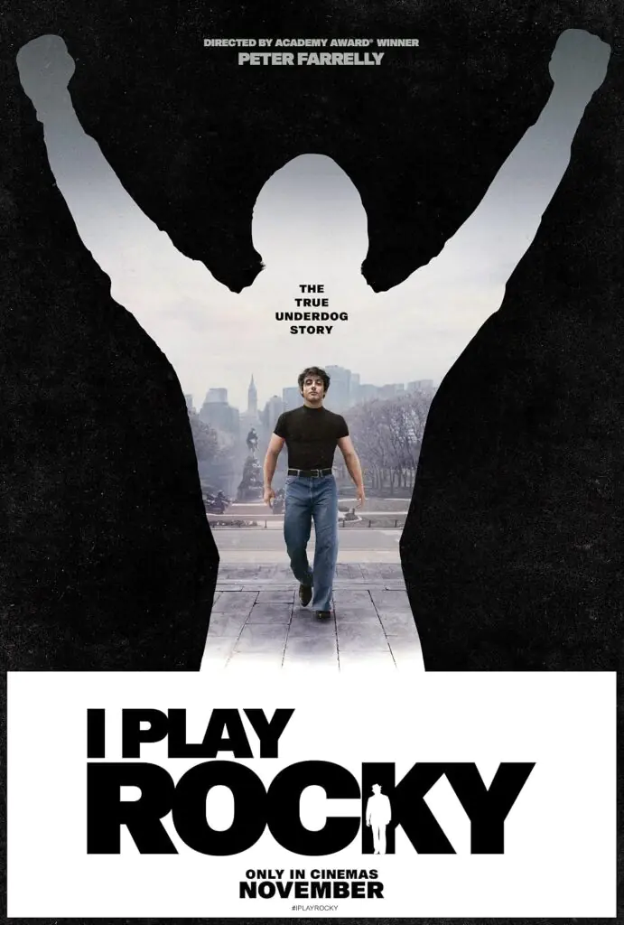 Movie poster for I Play Rocky, featuring a silhouette of a boxer with arms raised filled with an image of a man walking through a city park, with the title and AFI FEST 2026 release information below.