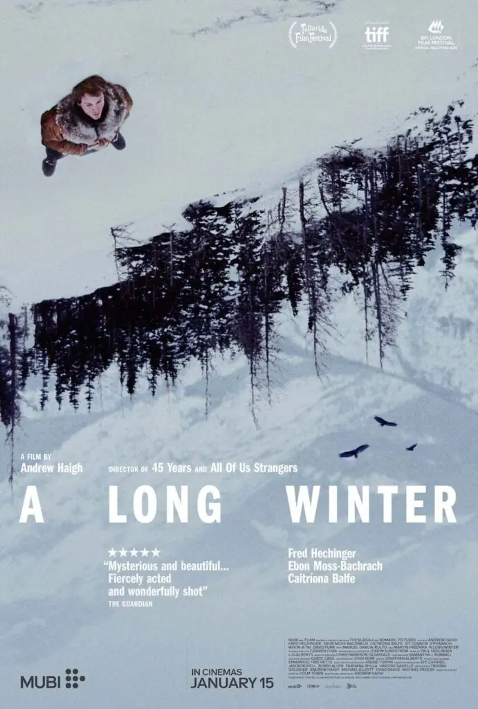 Movie poster for A Long Winter, featuring a man looking down from the sky over a snow-covered landscape, with AFI FEST 2026 laurels and release information at the bottom.