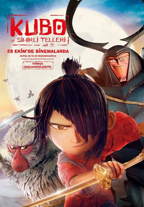 Movie poster for the Laika film Kubo and the Two Strings featuring Kubo with a sword, a monkey, and a giant beetle warrior.