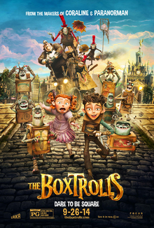 Movie poster for the Laika Studios film The Boxtrolls featuring a young boy and girl running alongside several creatures wearing cardboard boxes on a cobblestone street.
