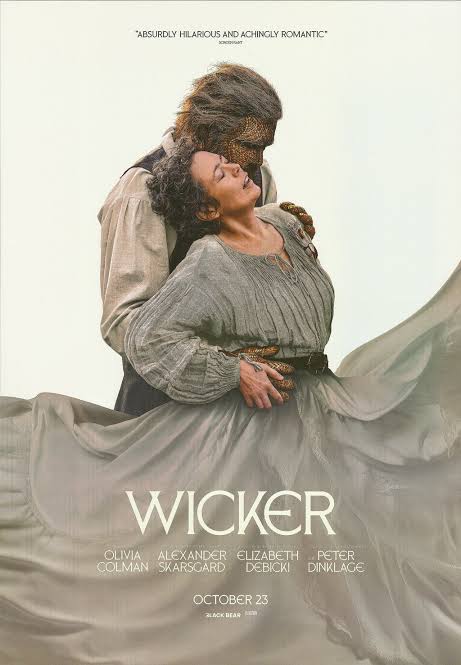 Movie poster for Wicker featuring a man embracing a woman, both wearing period clothing with scale-like skin details, with text listing the cast and release date.
