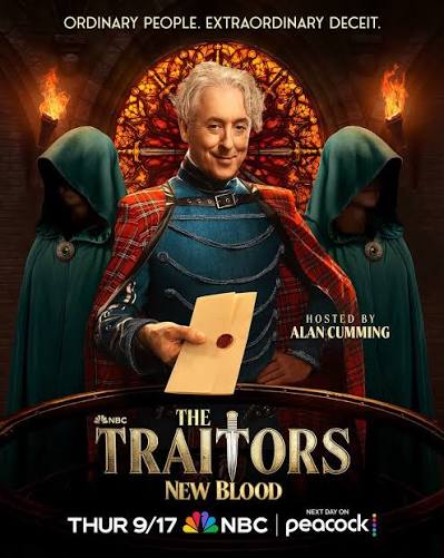 Poster for one of the best new TV shows this week, The Traitors: New Blood, featuring Alan Cumming holding a wax-sealed envelope between two hooded figures in front of a stained-glass window.