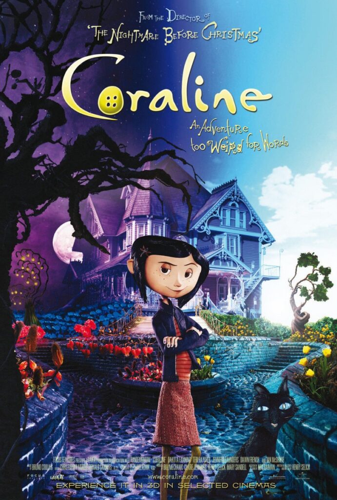 Coraline stands before a large house with a black cat under a sky transitioning from night to day, in a poster for one of the top Laika films.